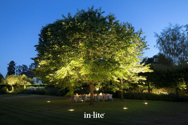 An atmospheric twilight scene on a large estate lawn. A massive, mature tree serves as the central focal point, its expansive canopy powerfully uplit by a ring of in-lite BIG NERO flush-mounted ground lights installed directly into the grass. Beneath the softly glowing canopy, an elegantly set long outdoor dining table invites evening entertaining. The background features layered, subtle illumination on distant trees and borders, showcasing a comprehensive and high-end landscape lighting design.