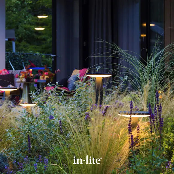 in-lite atmospheric garden lighting. in-lite DISC 12v outdoor post lights positioned amongst ornamental grasses, perennials and shrubs. The DISC light heads are mounted on low and tall bollards and elevated, illuminating at different levels of light around the ornamental grasses, perennials and shrubs.