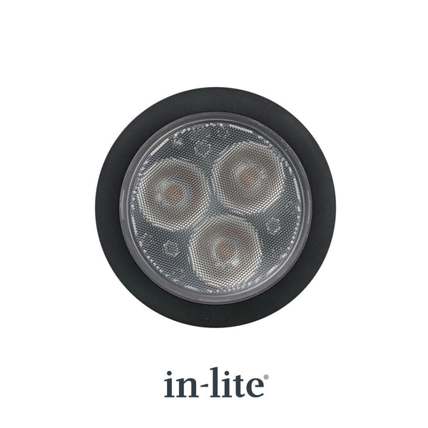 in-lite FLUX 12v Outdoor Ground light for recessed lighting with a black bezel ring. in-lite official brand product, original lighting fixture designed and manufactured by in-lite.