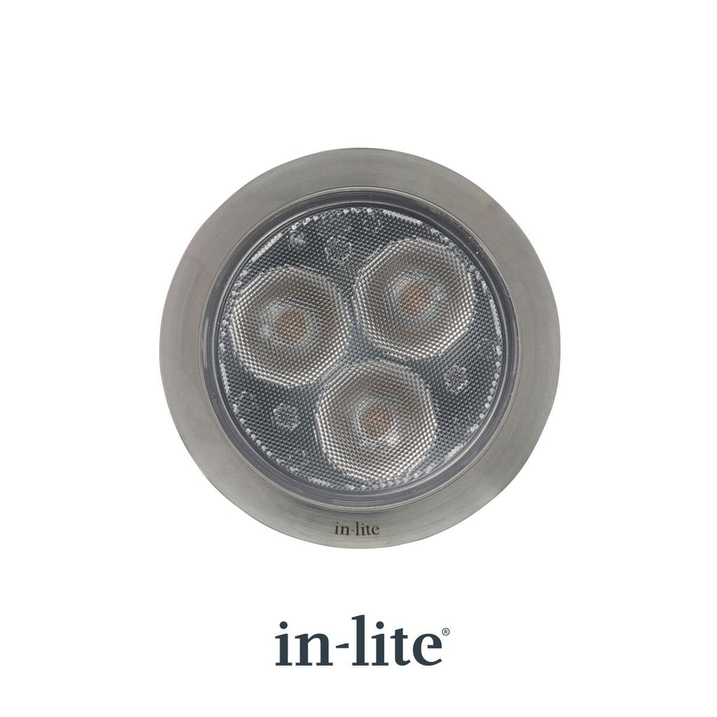 in-lite FLUX 12v Outdoor Ground light for recessed lighting with a stainless steel bezel ring. in-lite official brand product, original lighting fixture designed and manufactured by in-lite.