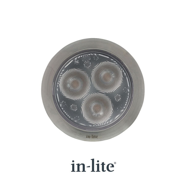 in-lite FLUX 12v Outdoor Ground light for recessed lighting with a stainless steel bezel ring. in-lite official brand product, original lighting fixture designed and manufactured by in-lite.