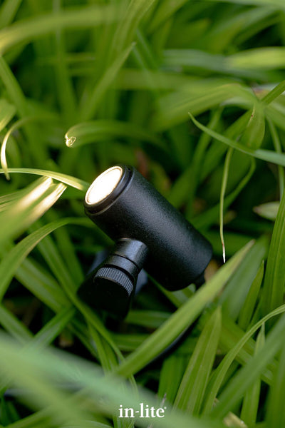 A close-up view of a matte black in-lite Micro Scope outdoor light fixture hidden within lush, grassy green foliage. The miniature spotlight features an adjustable textured side knob and is turned on, demonstrating how its warm beam subtly highlights the textures of the plants from within.