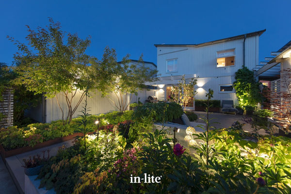 in-lite MINI SCOPE DUO 12v Outdoor spotlights mounted on an adjustable stand positioned between flowering plants, illuminating surrounding plants with directional and targeted beams of warm white light in the evening.