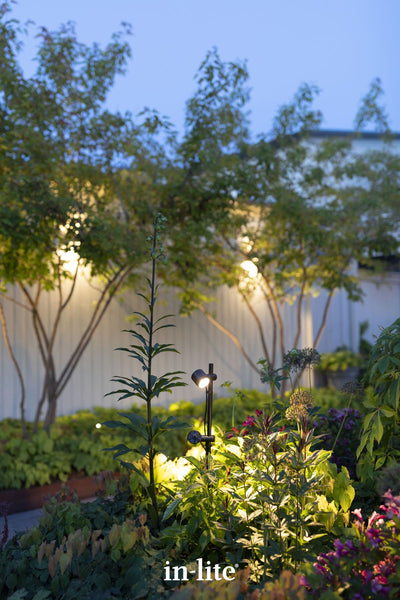 in-lite MINI SCOPE DUO 12v Outdoor spotlights mounted on an adjustable stand and set at different fixture angles. The stand is positioned between flowering plants and the two MINI SCOPE DUO spotlight fixtures are illuminating surrounding plants with directional and targeted beams of warm white light in the evening.