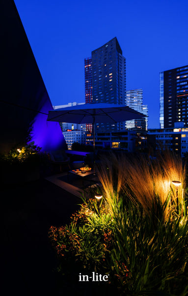 An atmospheric evening view of a luxurious urban rooftop terrace set against a high-rise city skyline. The foreground features planters with ornamental grasses beautifully illuminated by warm in-lite outdoor pathway lights, contrasting with a vibrant purple light wash on a structural wall to the left.