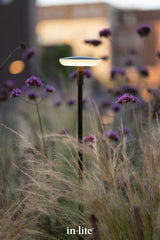 Atmospheric lighting by in-lite. SWAY TUBE with SWAY Light Head 12v outdoor lighting fixture placed among grasses and perennials, illuminating harmoniously within a landscaped garden.