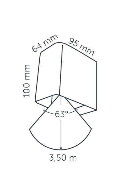 Technical drawing of in-lite ACE DOWN 12v Outdoor wall luminaire with dimensions labeled.