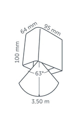 Technical drawing of in-lite ACE DOWN 12v Outdoor wall luminaire with dimensions labeled.