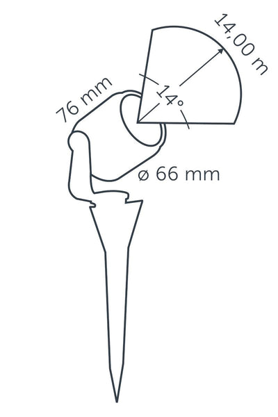 Technical drawing of in-lite BIG SCOPE NARROW 12v Outdoor spotlight with dimensions labeled.