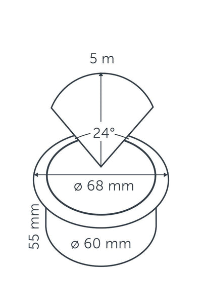 Technical drawing of in-lite FLUX 12v Outdoor Ground Lights for recessed lighting with dimensions labeled.