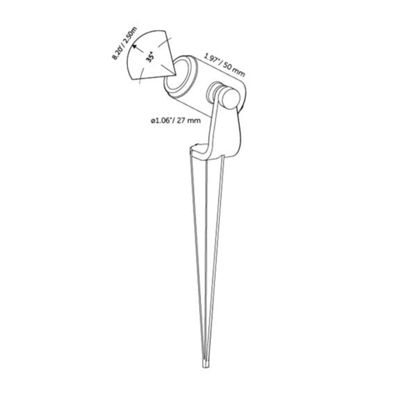 Technical drawing of in-lite MICRO SCOPE 12v Outdoor spotlight with dimensions labeled.