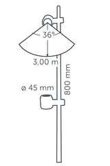 Technical drawing of in-lite MINI SCOPE DUO 12v Outdoor spotlights mounted on an adjustable stand with dimensions labeled.