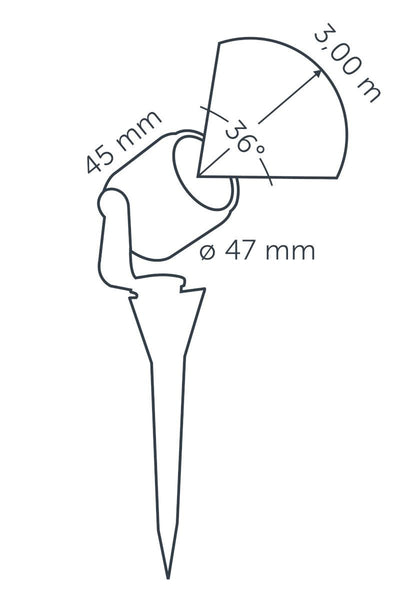 Technical drawing of in-lite MINI SCOPE 12v Outdoor spotlight with dimensions labeled.