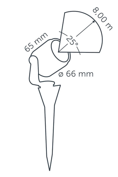 Technical drawing of in-lite SCOPE 12v Outdoor spotlight with dimensions labeled.