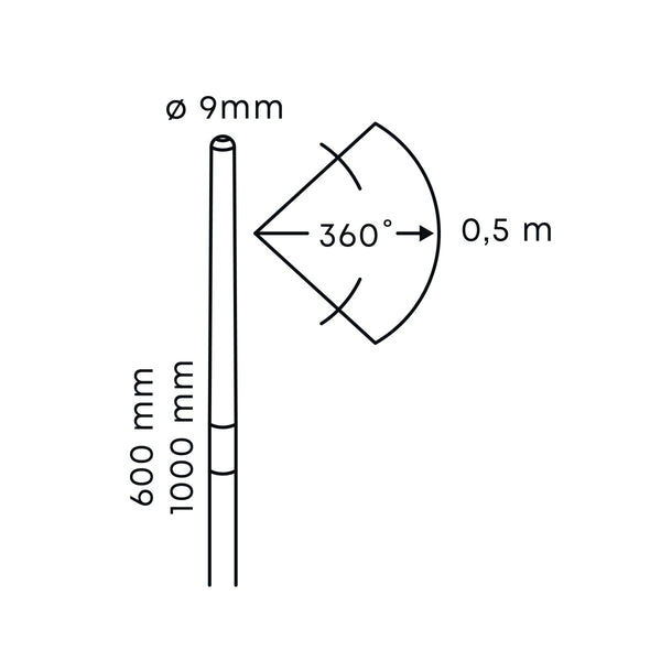 Technical drawing of in-lite BREEZE 12v Outdoor landscape COB LED strip light flexible 360 degree lighting fixtures with dimensions and millimetres labeled.