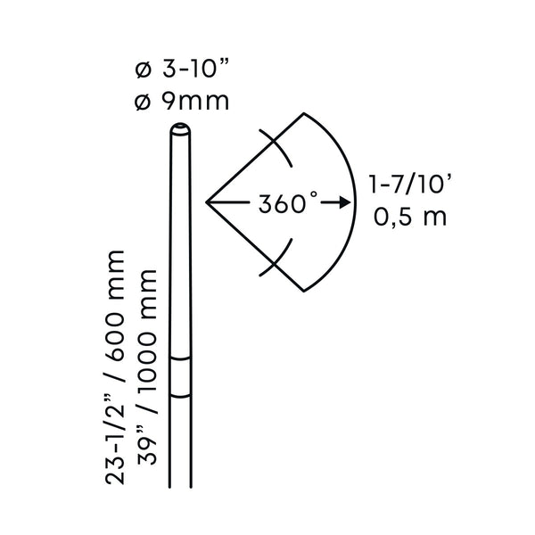 Technical drawing of in-lite BREEZE 12v Outdoor landscape COB LED strip light flexible 360 degree lighting fixtures with dimensions labeled.