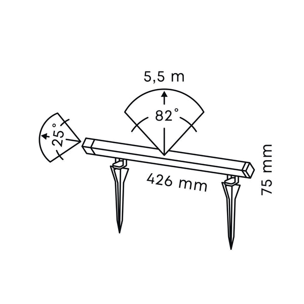 Technical drawing of in-lite EVO FLOOD 12v Outdoor landscape floodlight with dimensions and specifications labeled in millimetres.