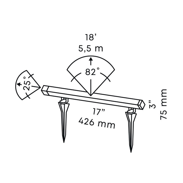 Technical drawing of in-lite EVO FLOOD 12v Outdoor landscape floodlight with dimensions and specifications labeled.
