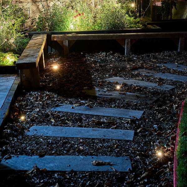 Low Voltage Garden Lights, In-lite FUSION 22 RVS 12v LED Low Voltage Outdoor Decking Lights ground recessed in garden pathway, lighting for effect and guidance.