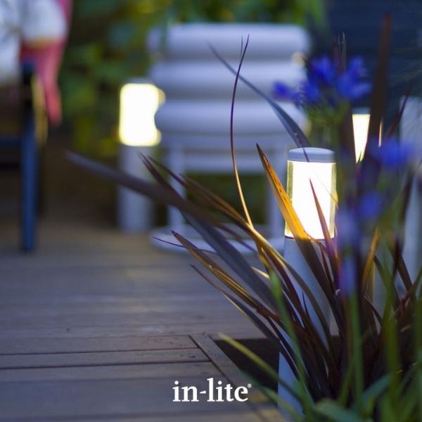 Low Voltage Garden Lights, In-lite LIV LOW WHITE 12v LED Low Voltage Outdoor Post Light in planting border illuminating deck patio.